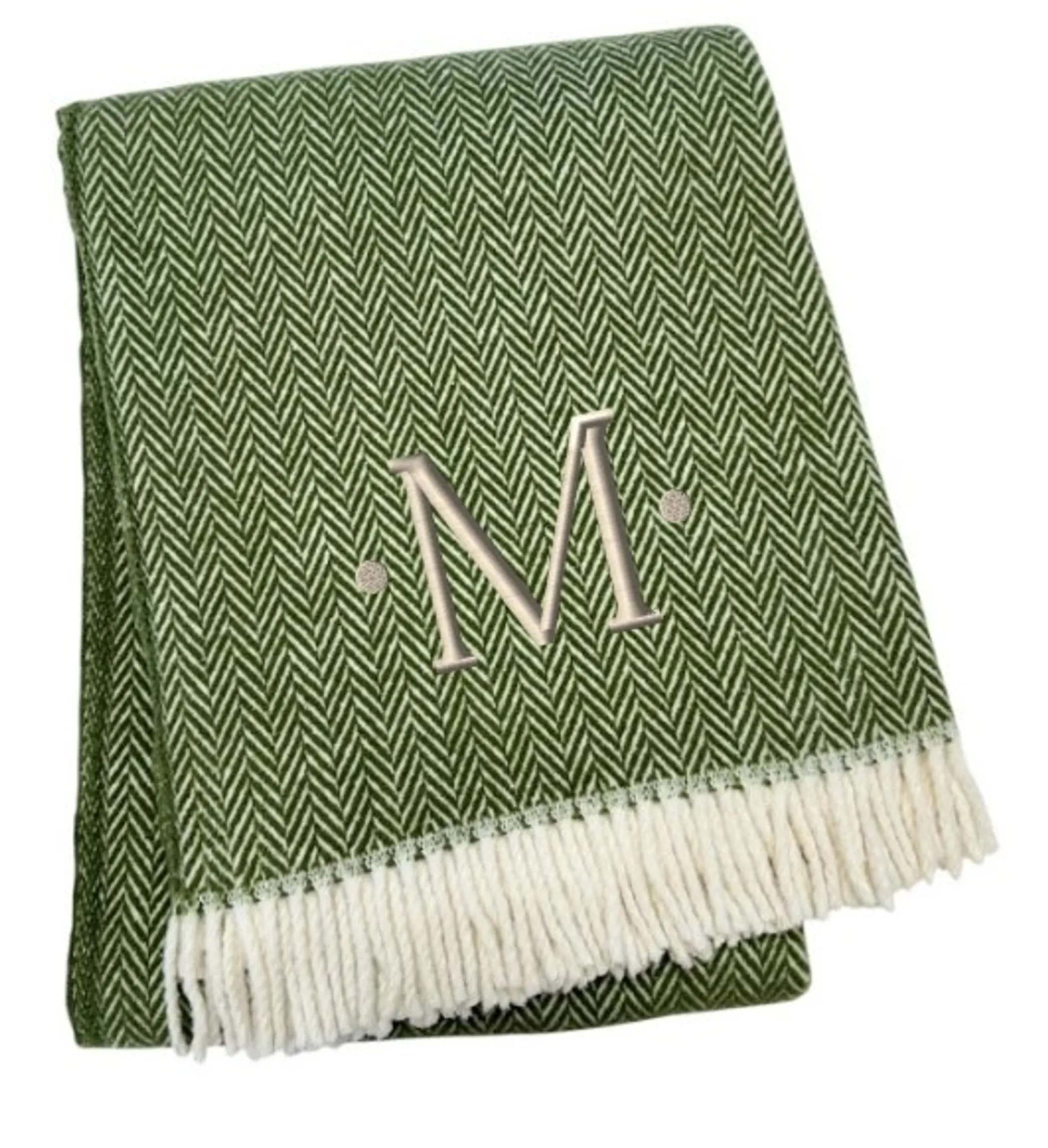 Herringbone Cotton Blend M Initial Throw Blanket with Tassels And Embroidery - Image 3