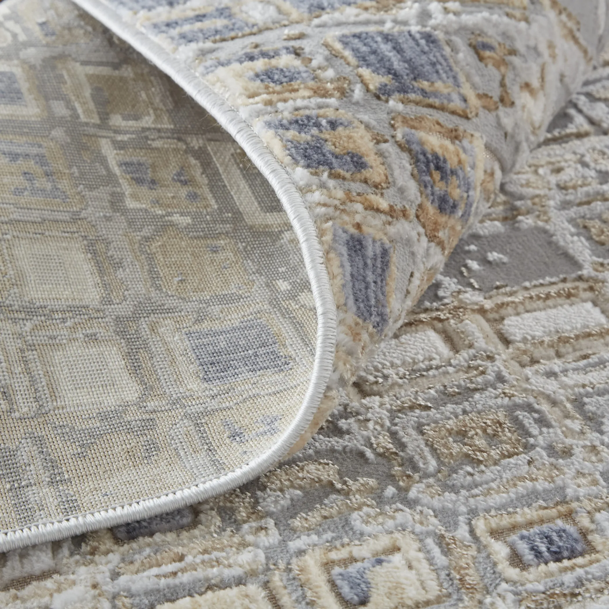 10' Tan Ivory And Blue Geometric Power Loom Distressed Runner Rug - Image 4