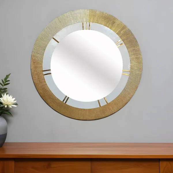 36" Gold and White Round Aluminum Ribbed Edge Framed Accent Mirror