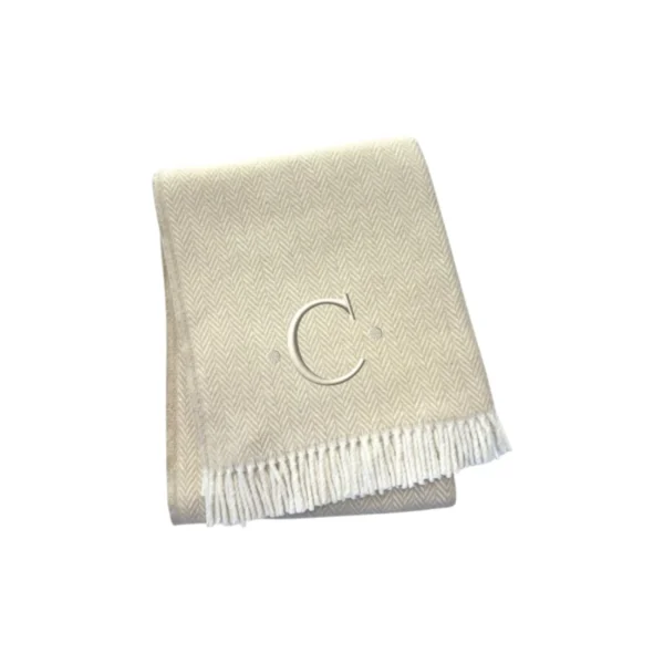 Herringbone Cotton Blend C Initial Throw Blanket with Tassels And Embroidery