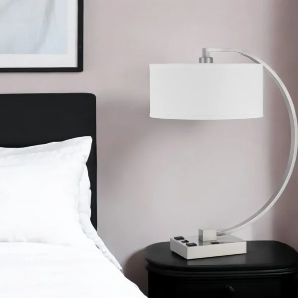 26" Nickel Metal Lantern Desk USB Table Lamp With White Shade