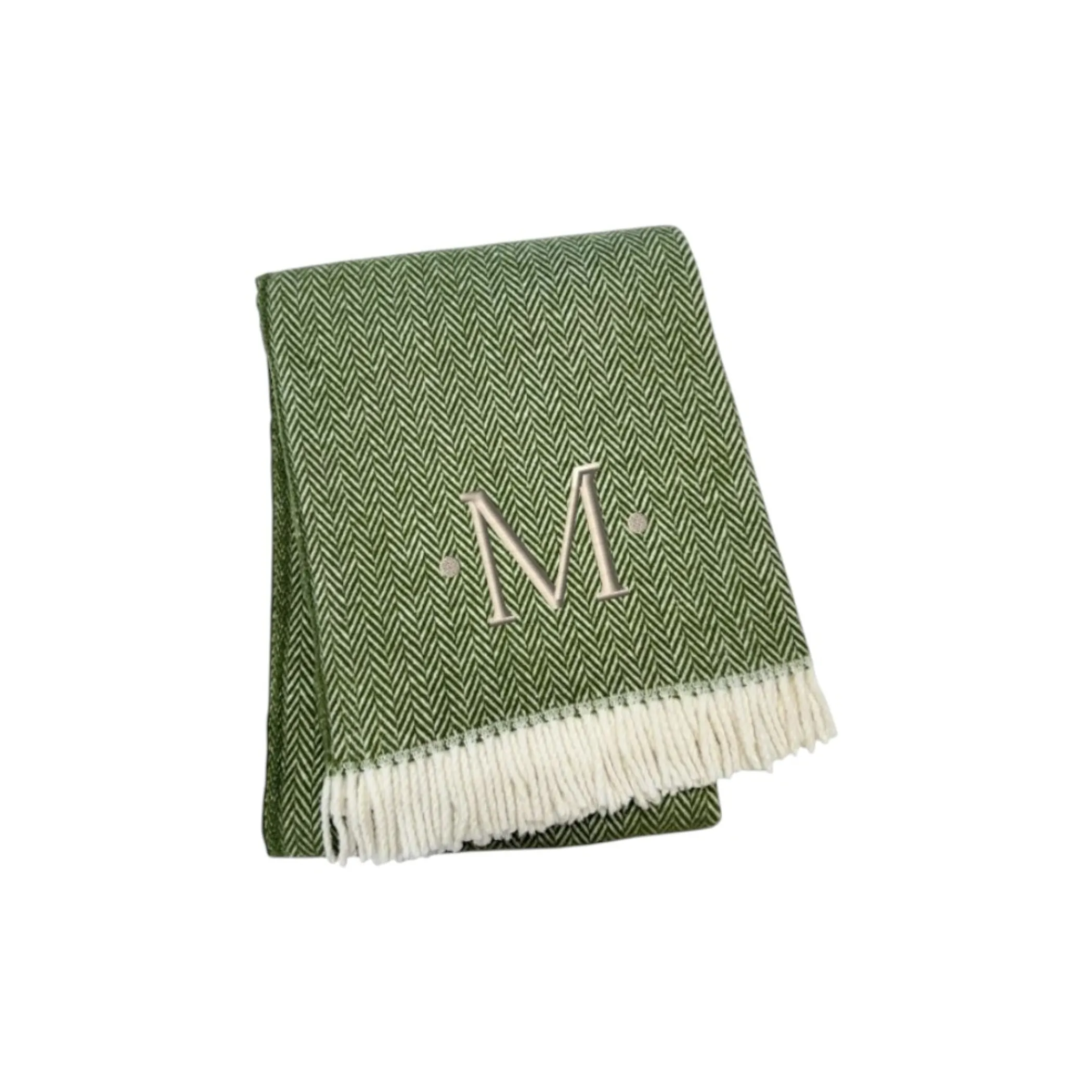 Herringbone Cotton Blend M Initial Throw Blanket with Tassels And Embroidery
