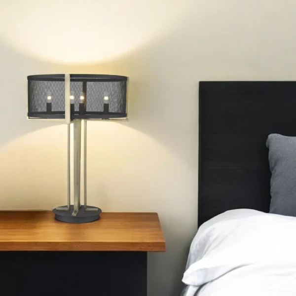 25" Brass Metal Four Light Geometric Table Lamp With Black Drum Shade