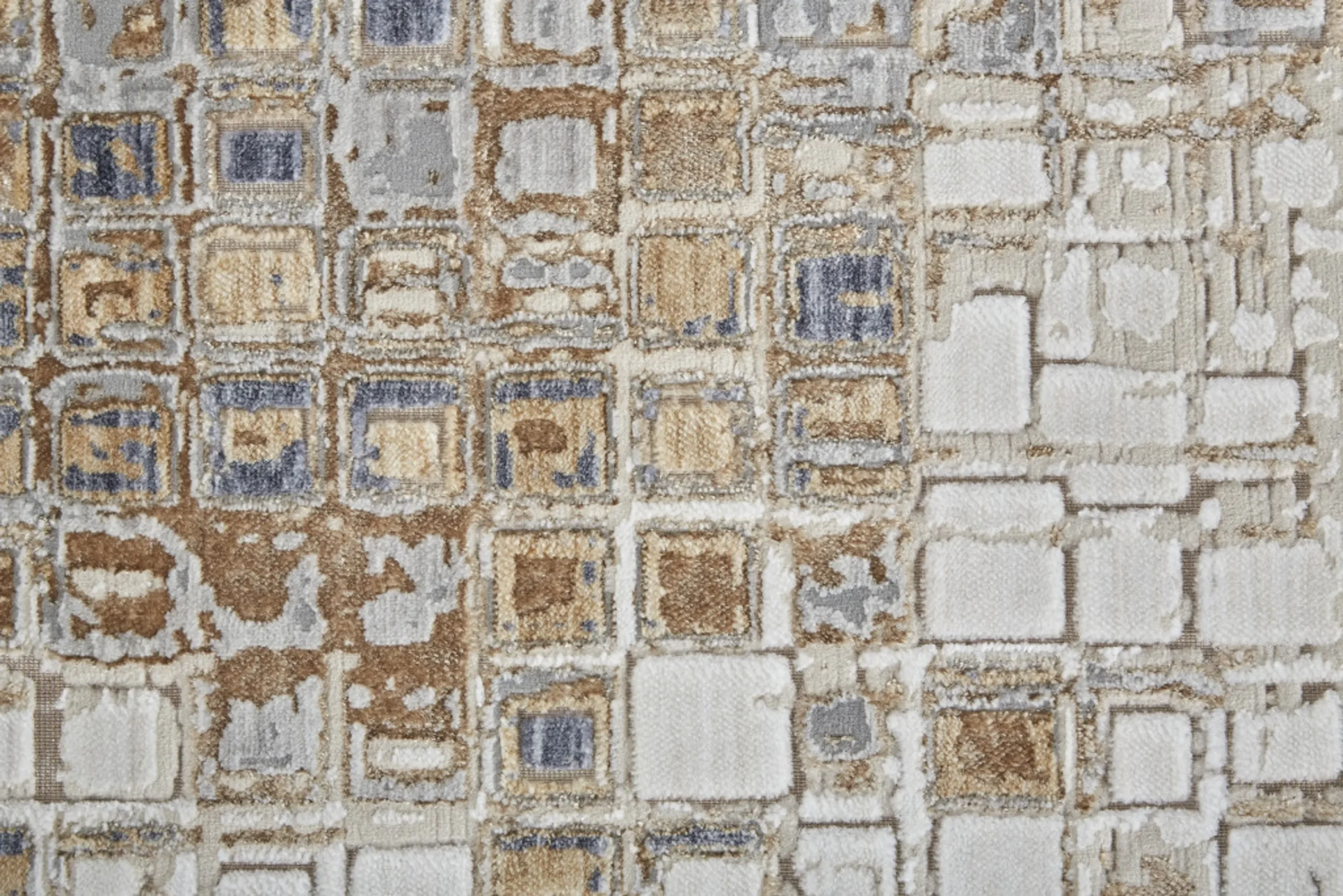 10' Tan Ivory And Blue Geometric Power Loom Distressed Runner Rug - Image 3
