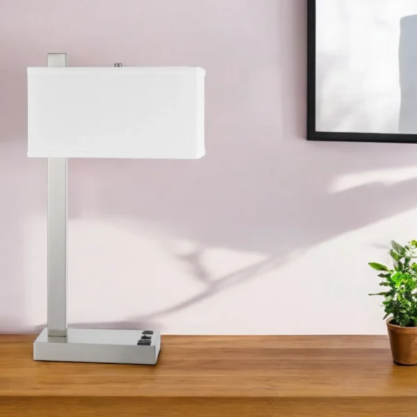 25" Nickel Metal Desk USB Table Lamp With White Shade