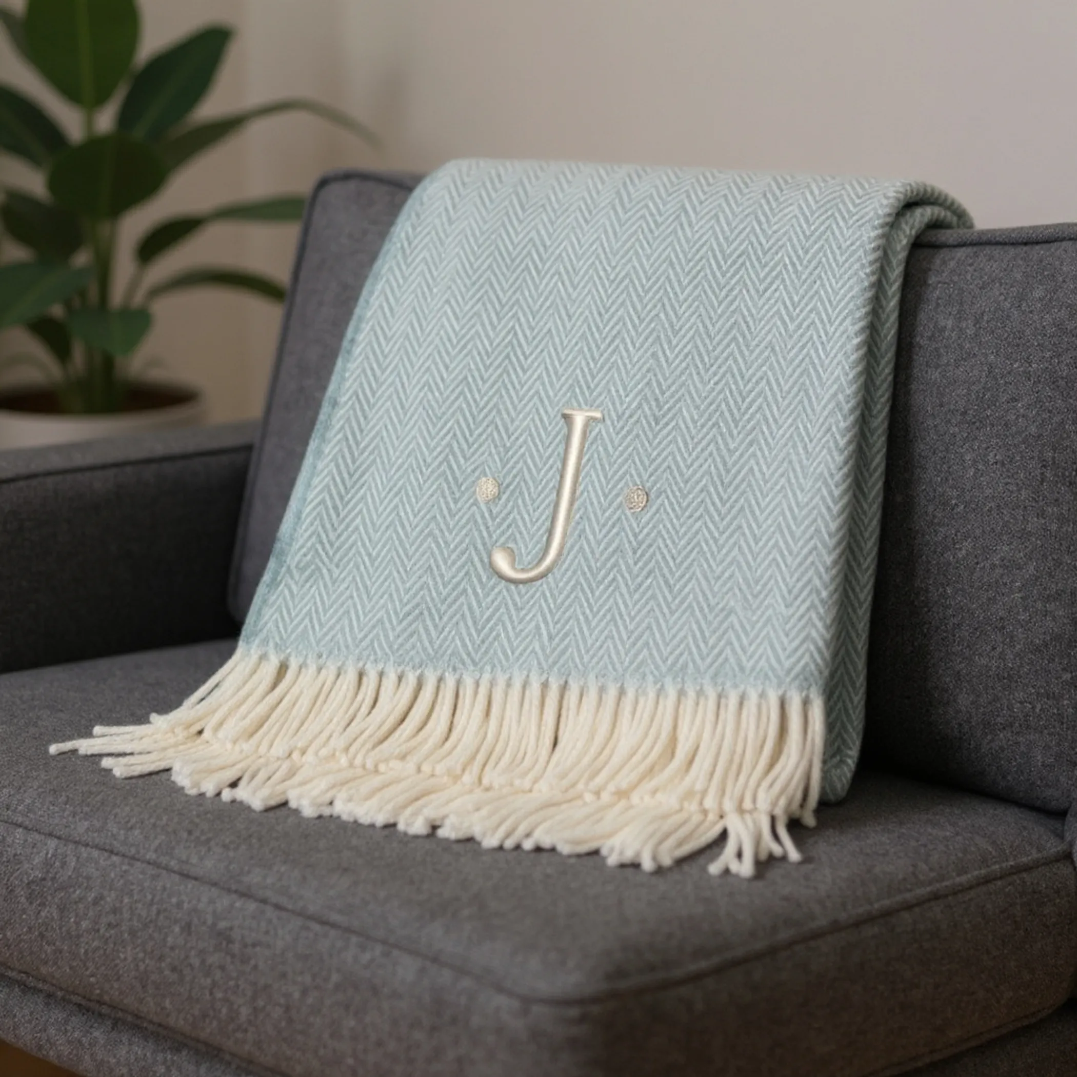 Herringbone Cotton Blend J Throw Blanket with Tassels And Embroidery - Image 2