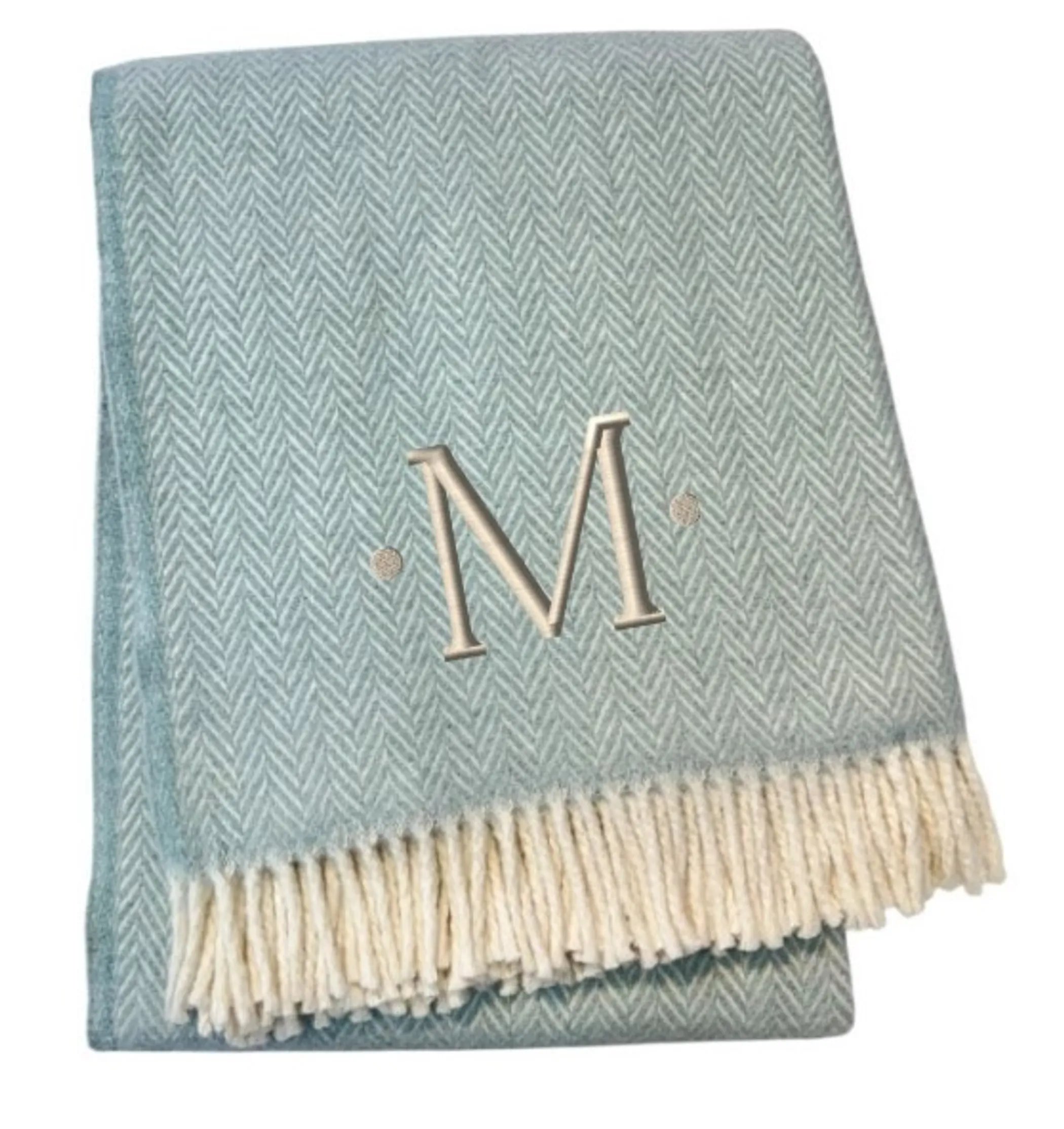 Herringbone Cotton Blend M Initial Throw Blanket with Tassels And Embroidery - Image 3