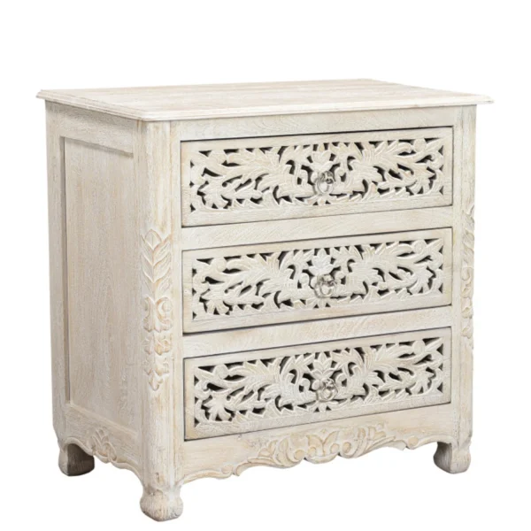 30" White Solid Wood Distressed Three Drawer Nightstand