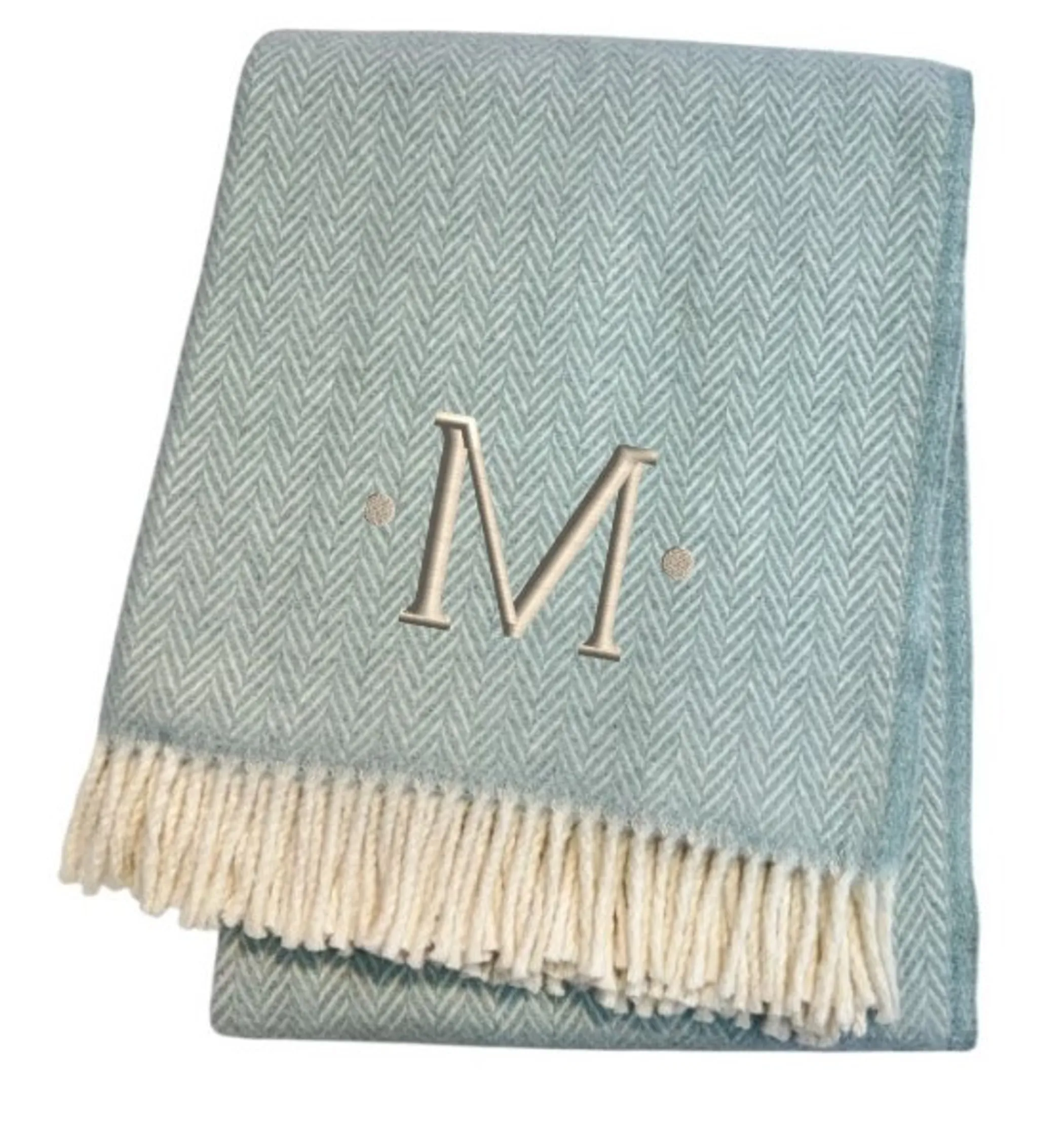 Herringbone Cotton Blend M Initial Throw Blanket with Tassels And Embroidery - Image 4