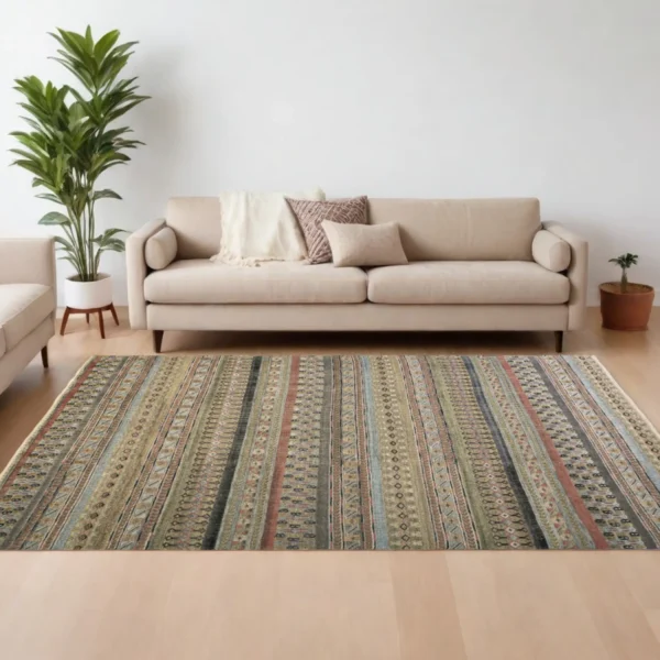 6' X 9' Tan Blue and Orange Striped Hand Knotted Area Rug