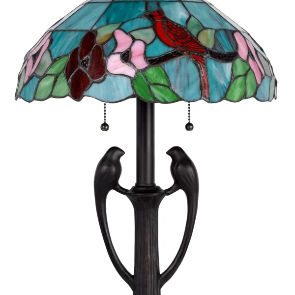 22" Bronze Two Light Tiffany Table Lamp With Aqua and Red Floral Shade