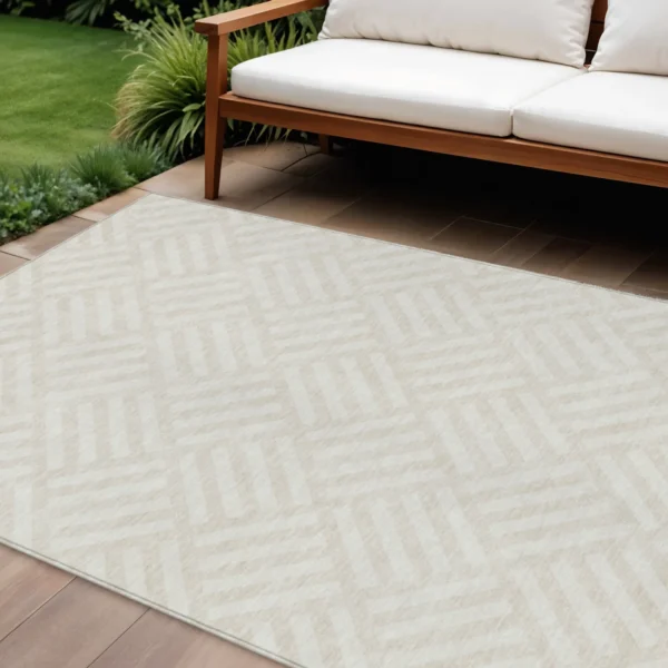 10' X 14' Ivory And Beige Geometric Washable Indoor Outdoor Area Rug