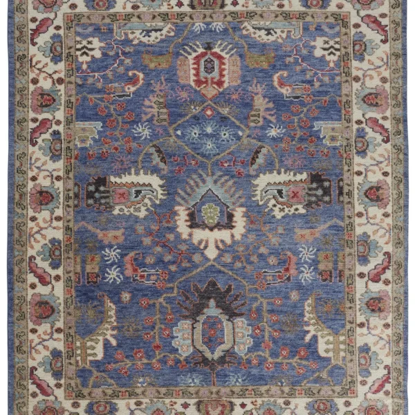 4' X 6' Blue And Red Wool Floral Hand Knotted Stain Resistant Area Rug