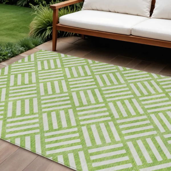 10' X 14' Lime Green And Ivory Geometric Washable Indoor Outdoor Area Rug