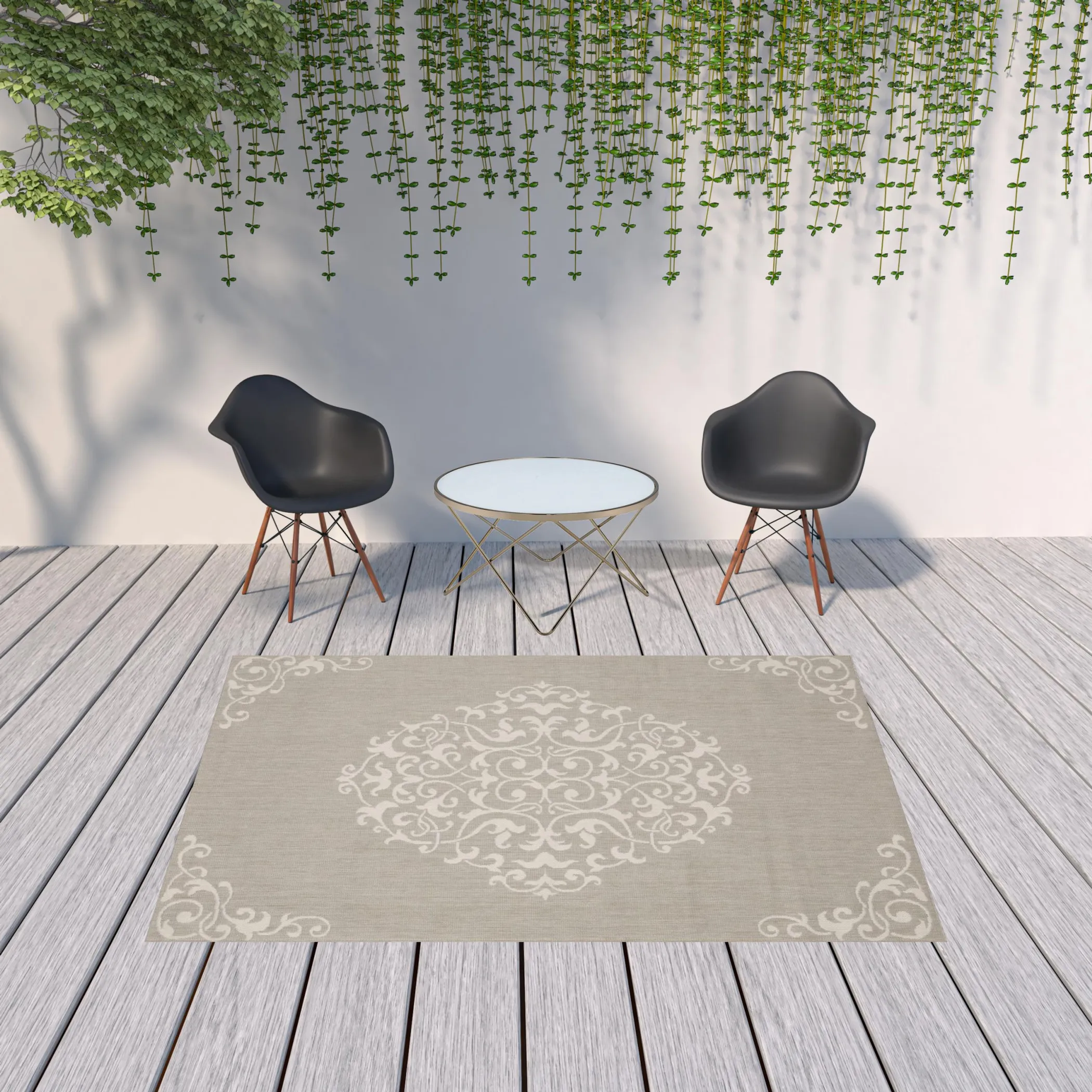 7' X 9' Gray and Ivory Oriental Stain Resistant Indoor Outdoor Area Rug - Image 2