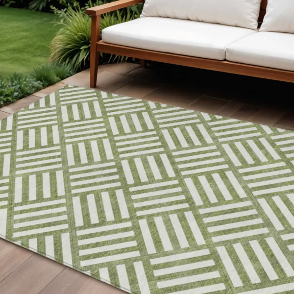 10' X 14' Olive Green And Ivory Geometric Washable Indoor Outdoor Area Rug