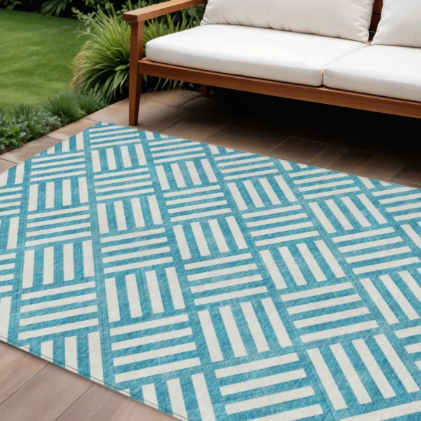 10' X 14' Teal Blue And Ivory Geometric Washable Indoor Outdoor Area Rug