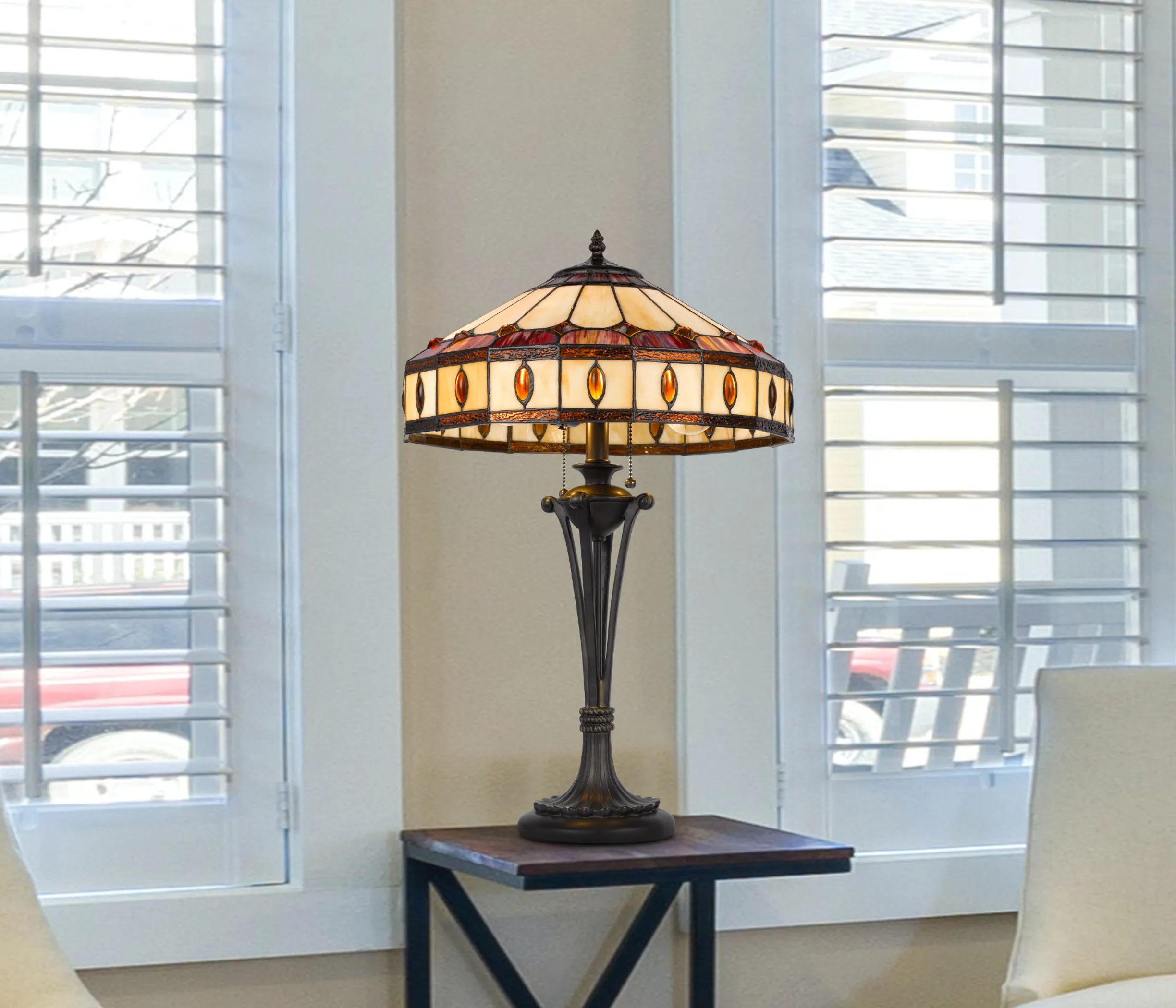 26" Black Metal Two Light Candlestick Table Lamp With Ivory and Red Dome Shade - Image 4