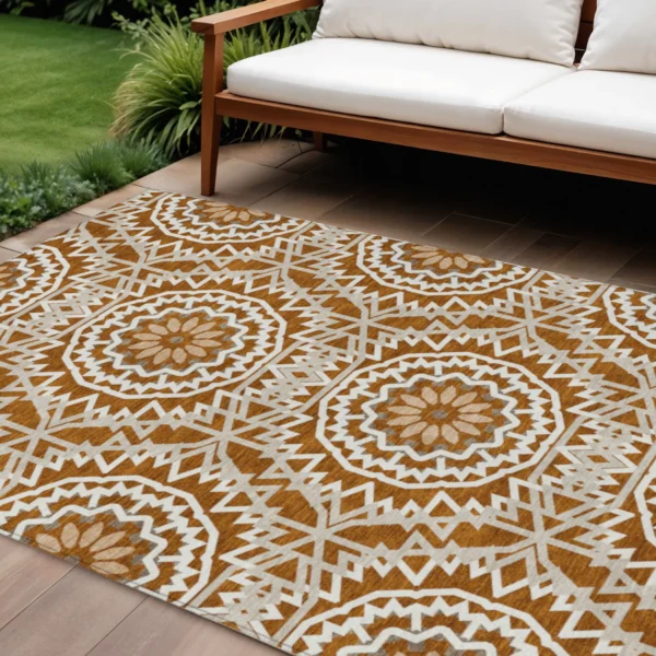 10' X 14' Orange Copper And Beige Floral Medallion Washable Indoor Outdoor Area Rug