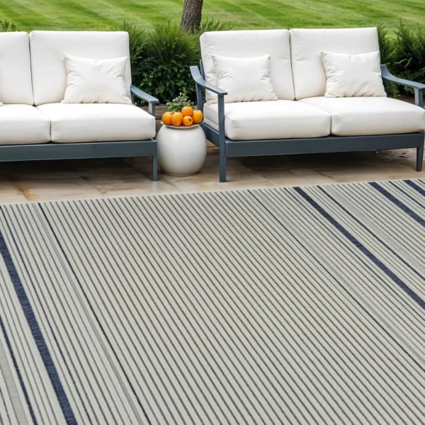 6' X 9' Blue and Cream Striped Distressed Indoor Outdoor Area Rug