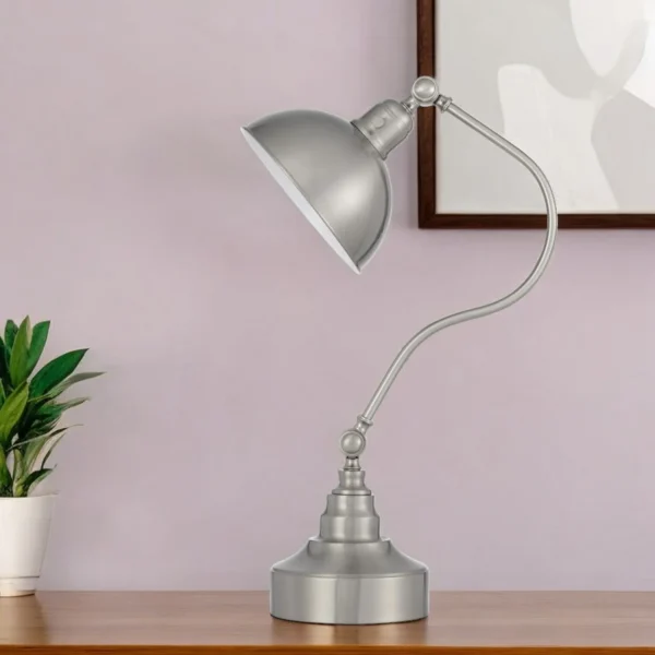 25" Nickel Metal Lantern Desk Table Lamp With Nickel Dome Shade