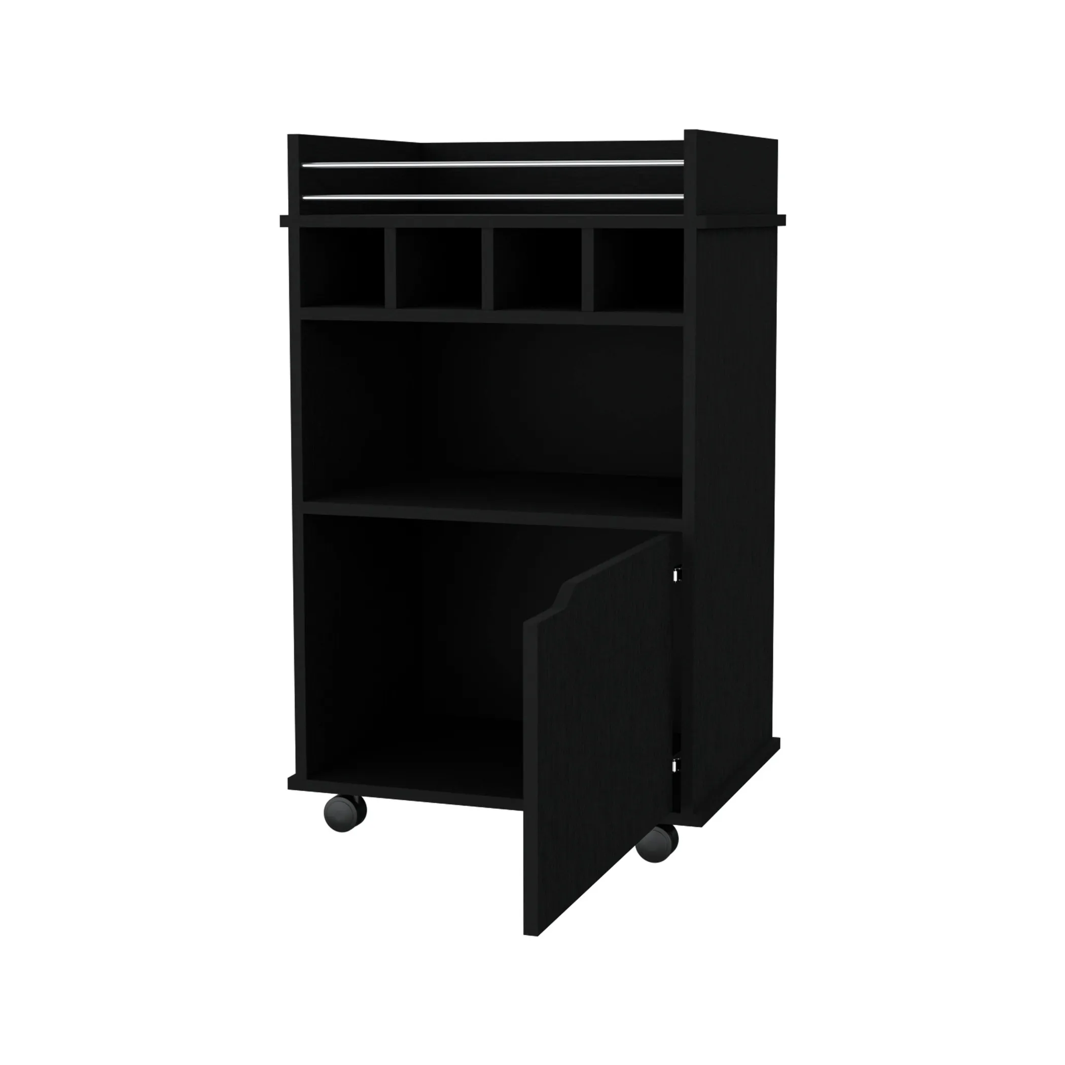 22" Black Wood Rolling Bar Cart With Wine Storage - Image 3