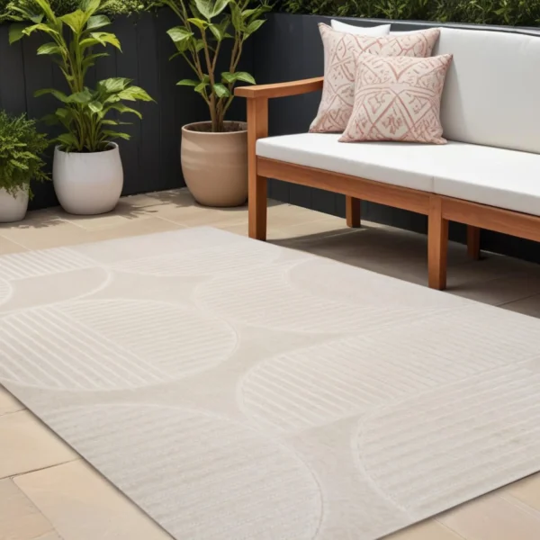 12' X 15' Ivory And Cream Striped Indoor Outdoor Area Rug