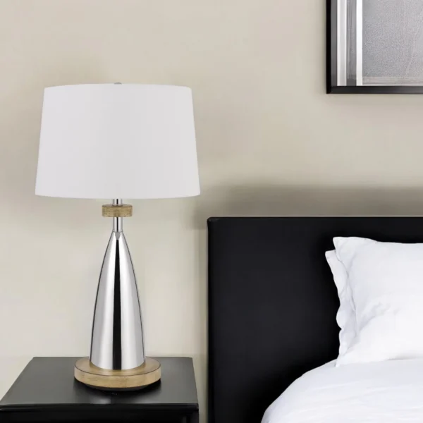 31" Brown Metal Geometric USB Table Lamp With White Empire Shade