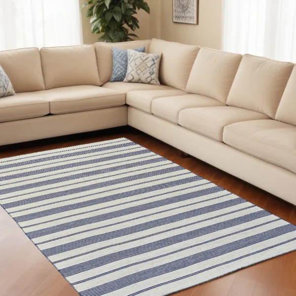 8' X 11' Blue And Ivory Striped Dhurrie Hand Woven Stain Resistant Area Rug