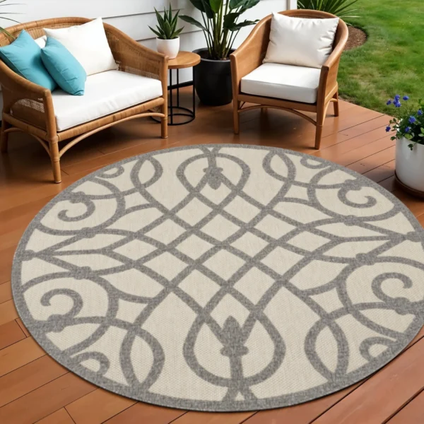 8' Cream And Gray Round Trellis Indoor Outdoor Area Rug