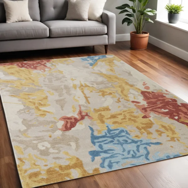 5' X 8' Ivory and Blue Wool Abstract Hand Tufted Area Rug