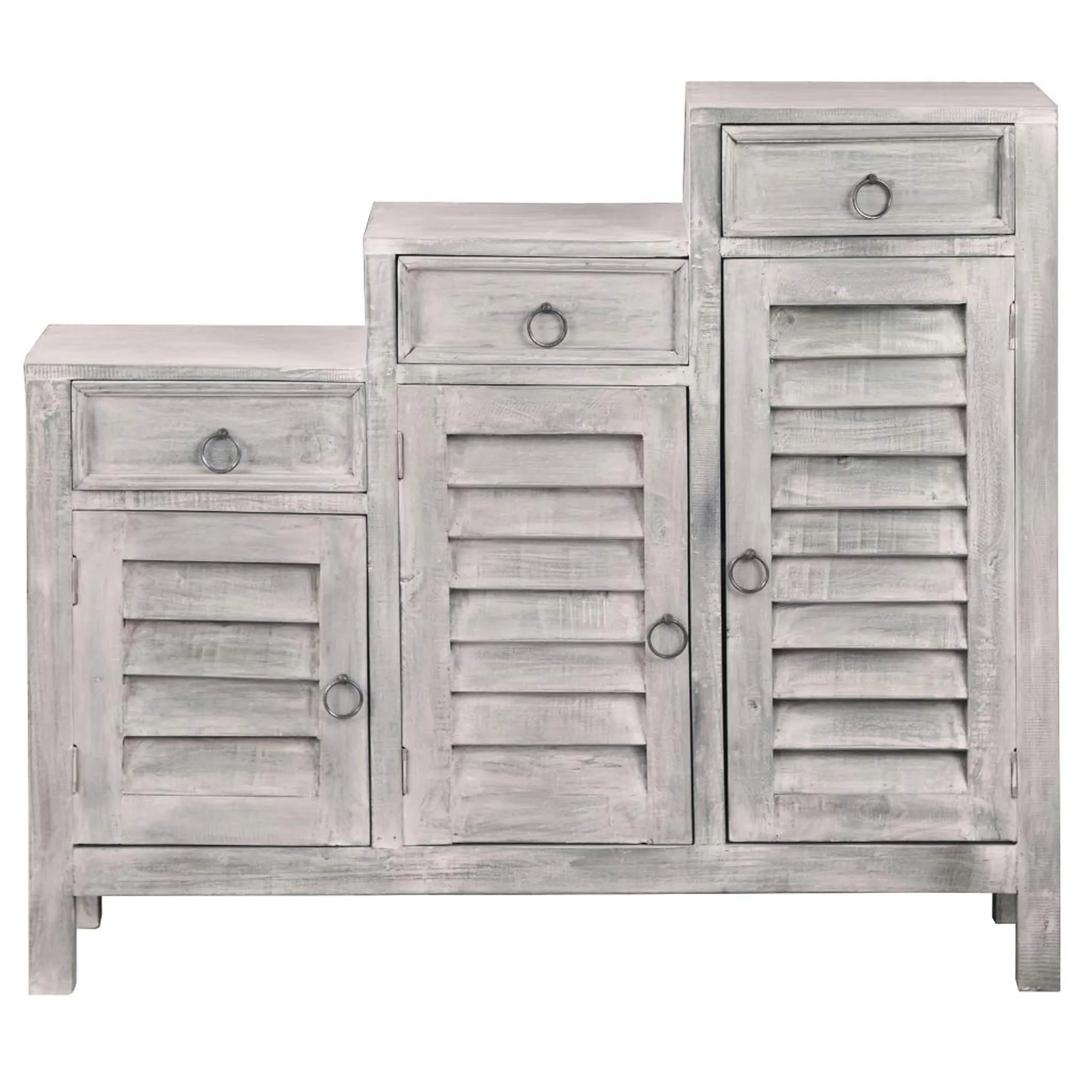 Sunset Trading Cottage Three Tiered Shutter Cabinet | Distressed Light Gray Solid Wood | Fully Assembled Accent Storage Shelf Console - Image 3