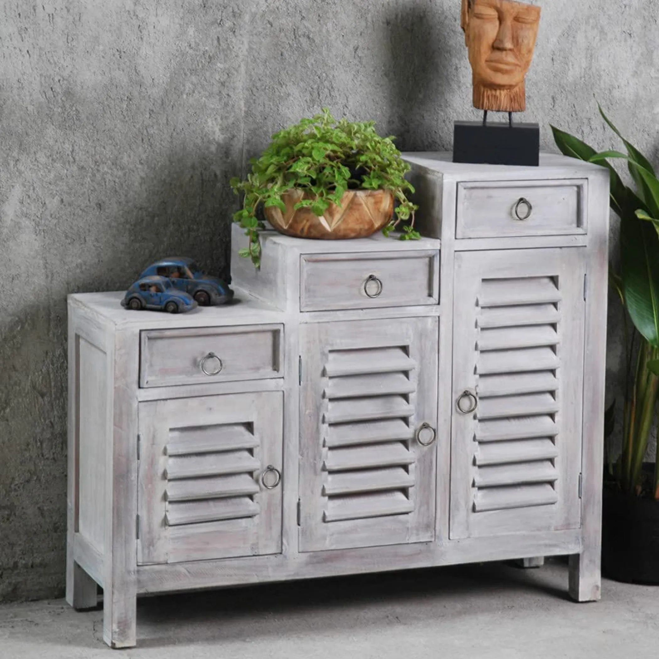 Sunset Trading Cottage Three Tiered Shutter Cabinet | Distressed Light Gray Solid Wood | Fully Assembled Accent Storage Shelf Console - Image 2
