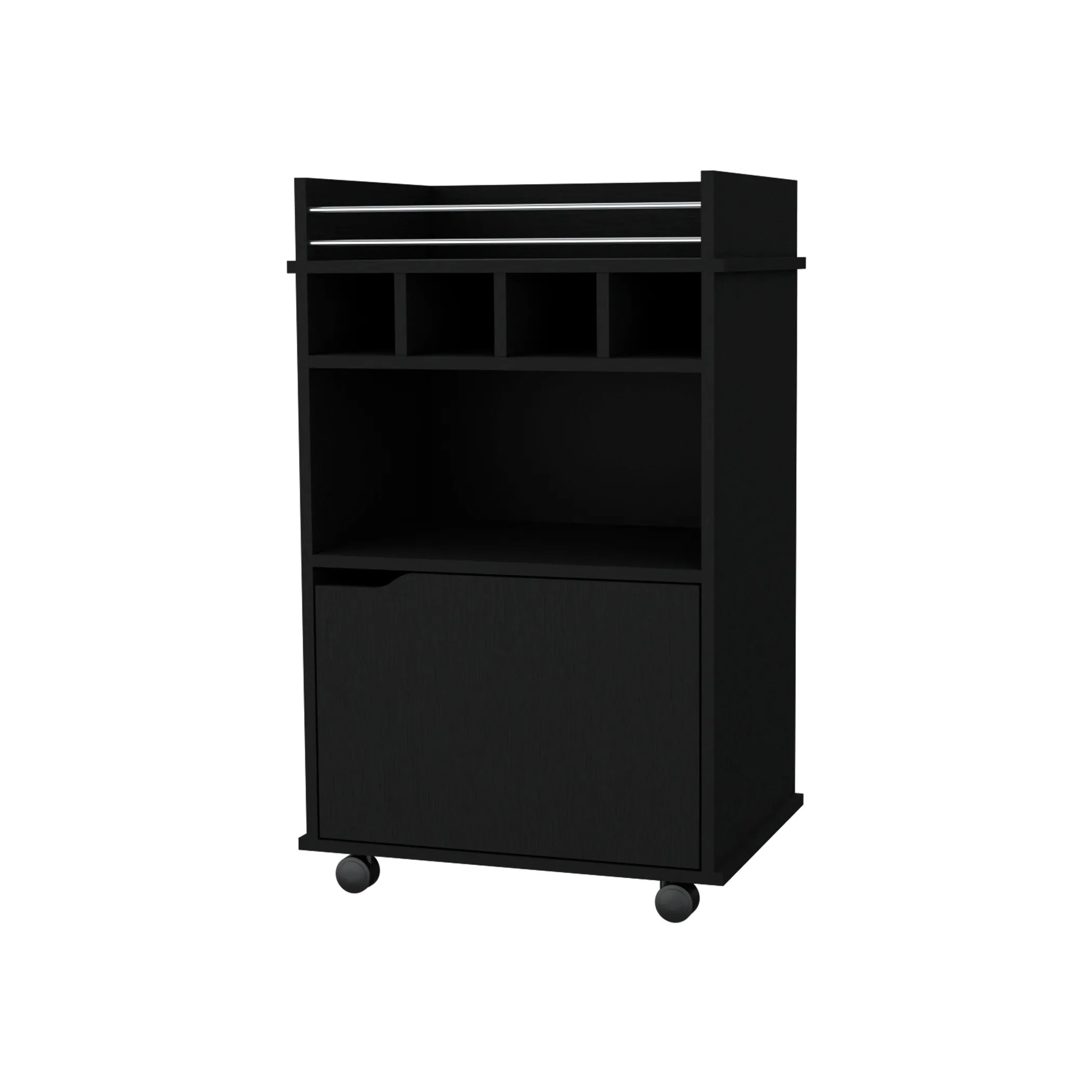 22" Black Wood Rolling Bar Cart With Wine Storage - Image 2