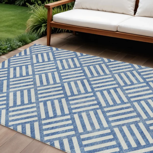 10' X 14' Blue And Ivory Geometric Washable Indoor Outdoor Area Rug