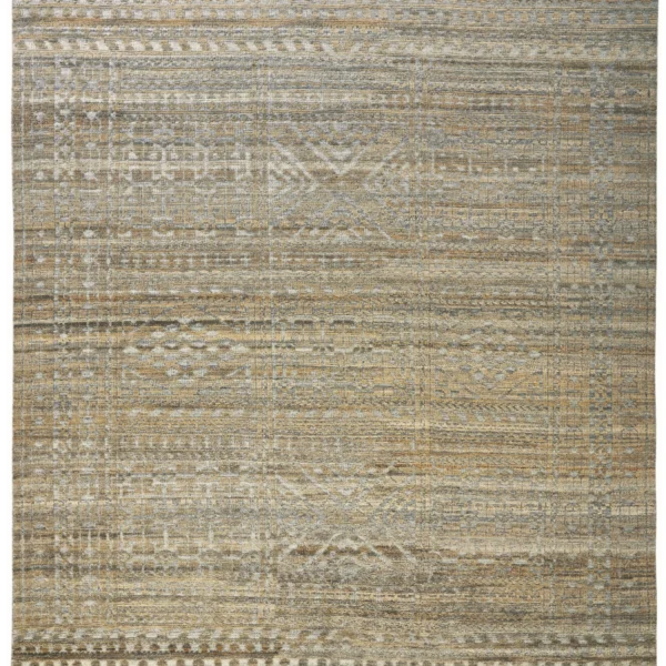 6' X 9' Gold and Tan Geometric Hand Knotted Worn Faded Area Rug