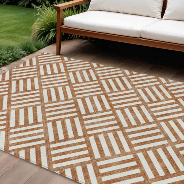 10' X 14' Orange And Ivory Geometric Washable Indoor Outdoor Area Rug