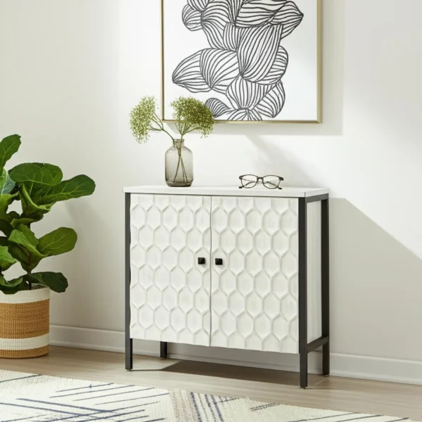 Wood and Metal Carved Geometric Accent Cabinet With Two Doors