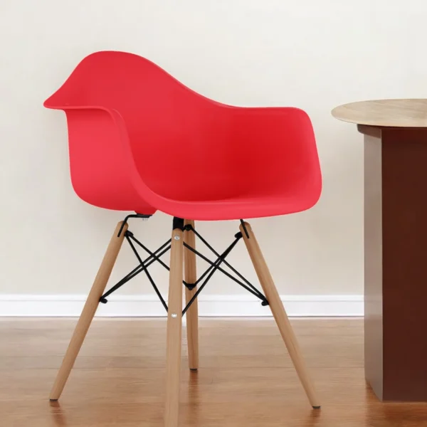 Red And Natural Heavy Duty Plastic And Solid Wood Dining Arm Chair