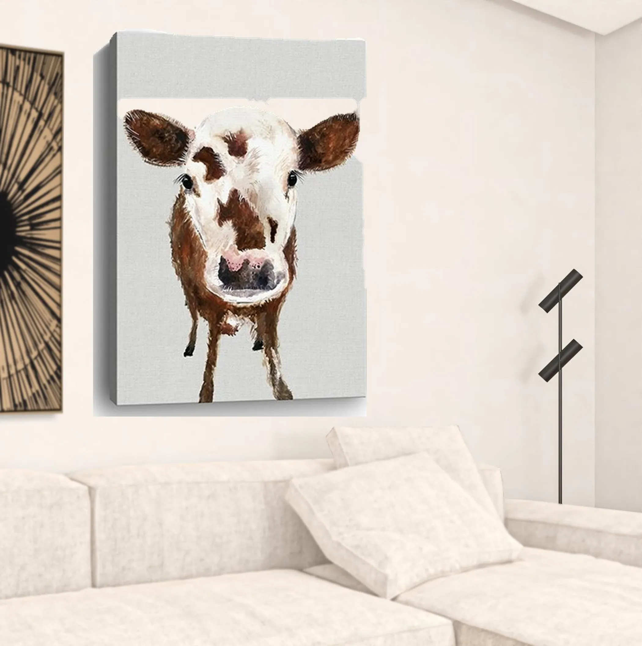 48" x 32" Brown and White Baby Cow Face Canvas Wall Art - Image 3