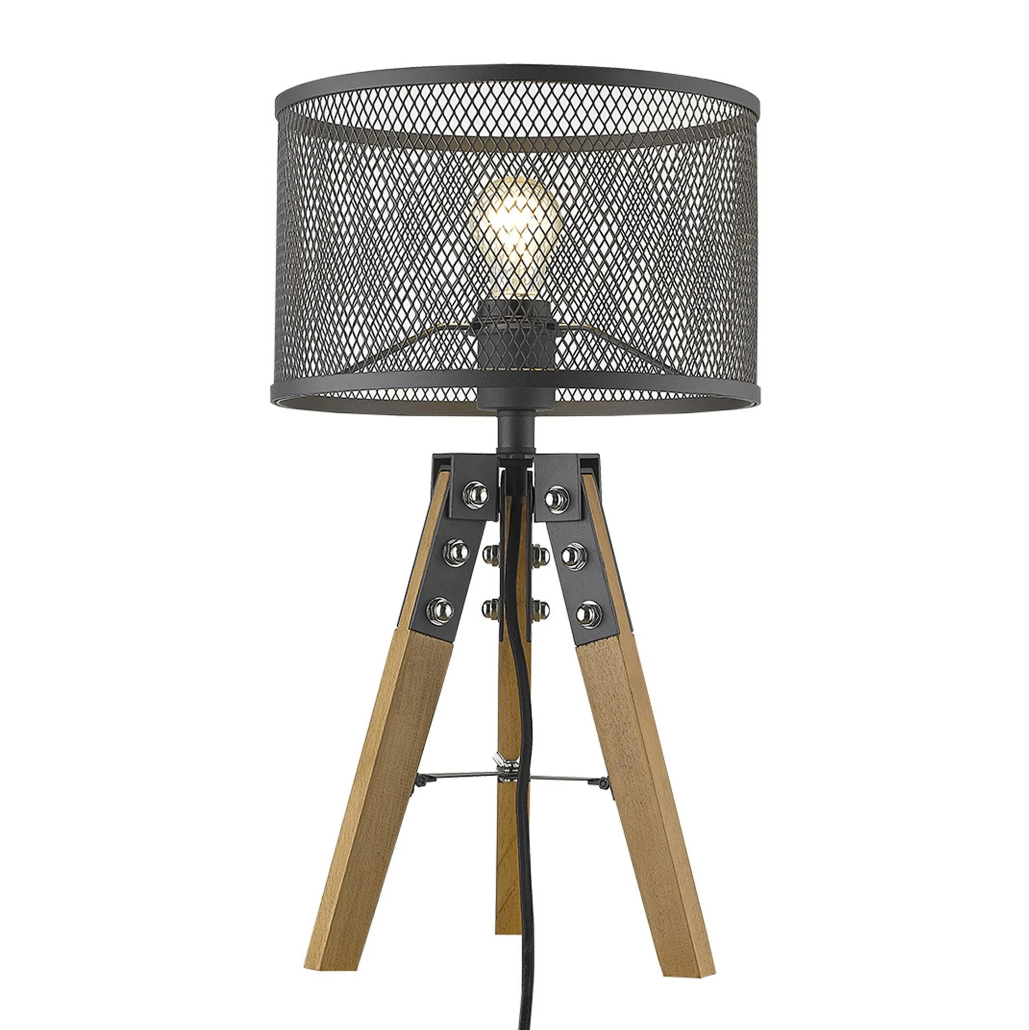 20" Brown Solid Wood Tripod Table Lamp With Black Drum Shade - Image 3
