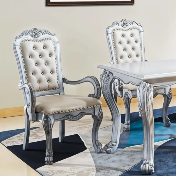 Set of Two Upholstered Faux Leather And Wood Dining Arm Chairs