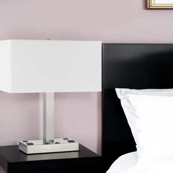 21" Nickel Metal Two Light Desk USB Table Lamp With White Shade