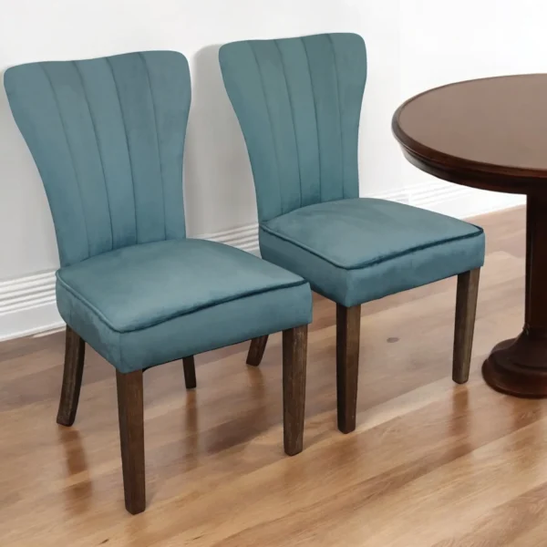 Set of Two Teal Blue And Brown Upholstered Velvet Dining Parsons Chairs