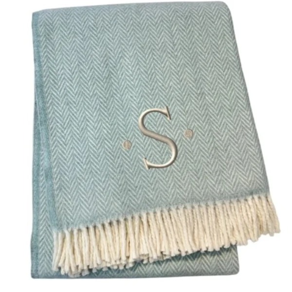 Herringbone Cotton Blend S Initial Throw Blanket with Tassels And Embroidery