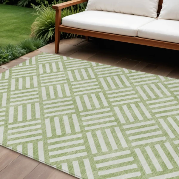 10' X 14' Artichoke Green And Ivory Geometric Washable Indoor Outdoor Area Rug