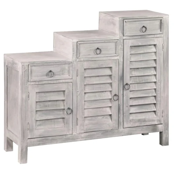 Sunset Trading Cottage Three Tiered Shutter Cabinet | Distressed Light Gray Solid Wood | Fully Assembled Accent Storage Shelf Console