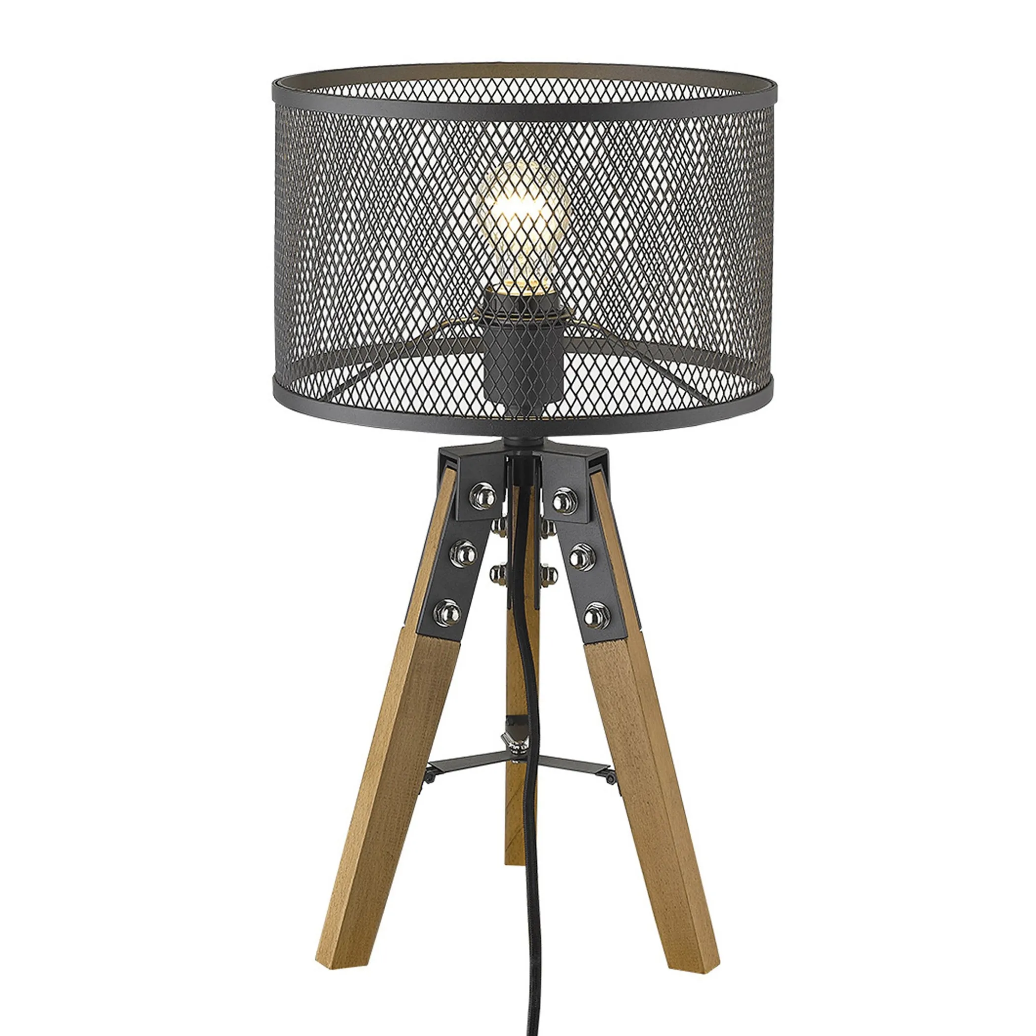 20" Brown Solid Wood Tripod Table Lamp With Black Drum Shade - Image 4