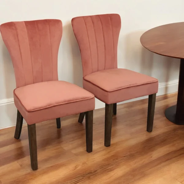 Set of Two Blush And Brown Upholstered Velvet Dining Parsons Chairs