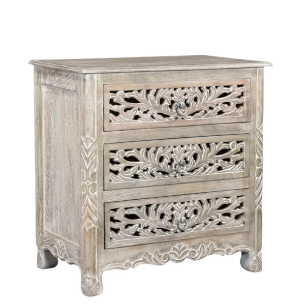 30" Distressed Gray Three Drawer Floral Carved Solid Wood Nightstand